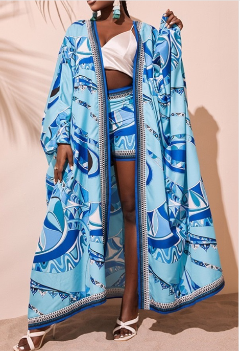 Abstract Print Long Loose Kimono and Short Set