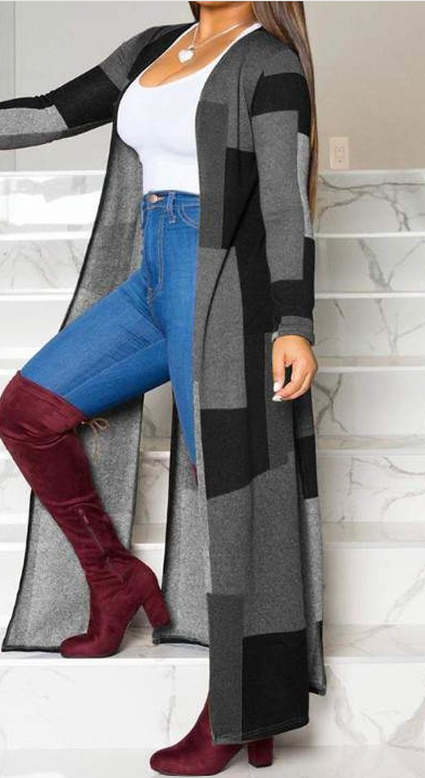 Long Print Contrast Color Cardigan