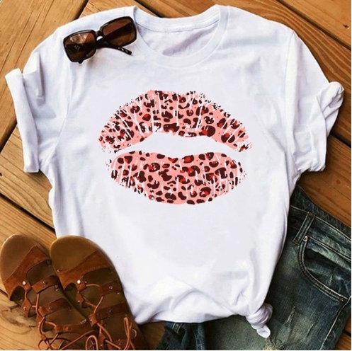 Pink Leopard Lip Print T-Shirt (Round Neck)