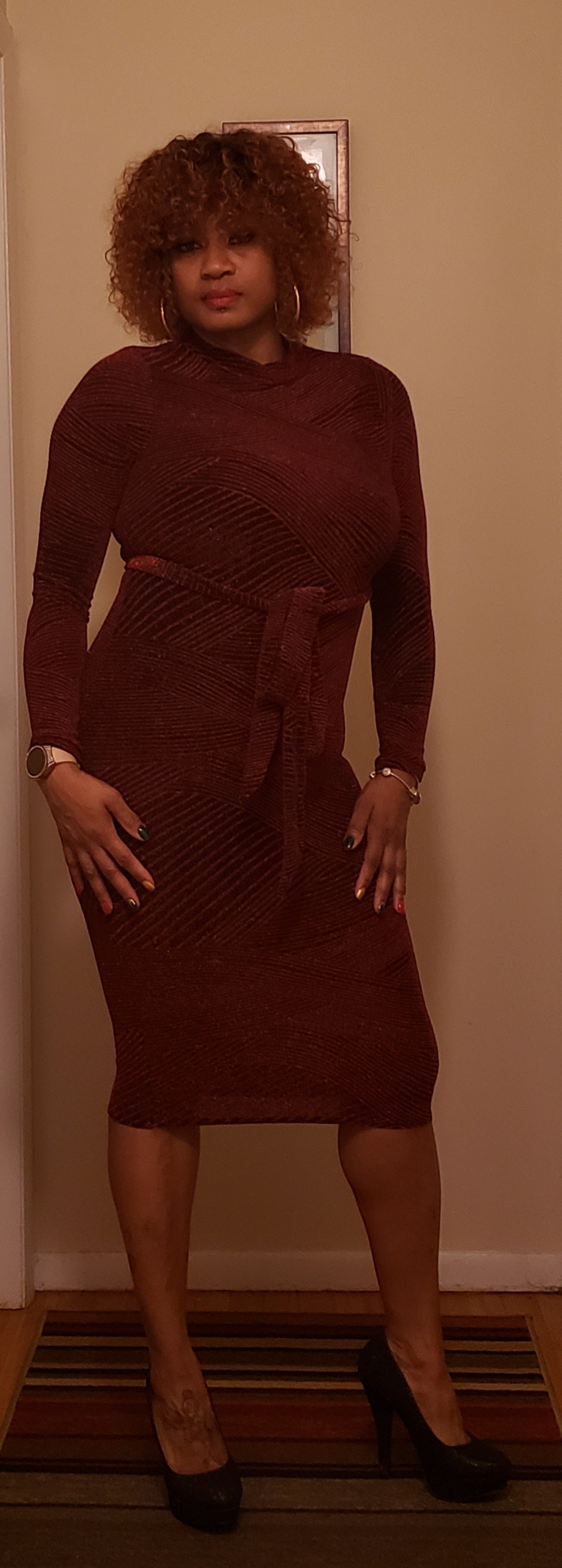 Elegant Belted Glitter Midi Dress