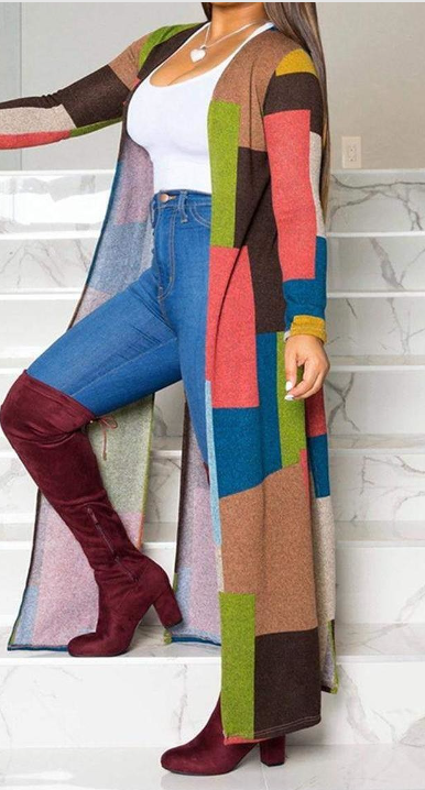 Long Print Contrast Color Cardigan