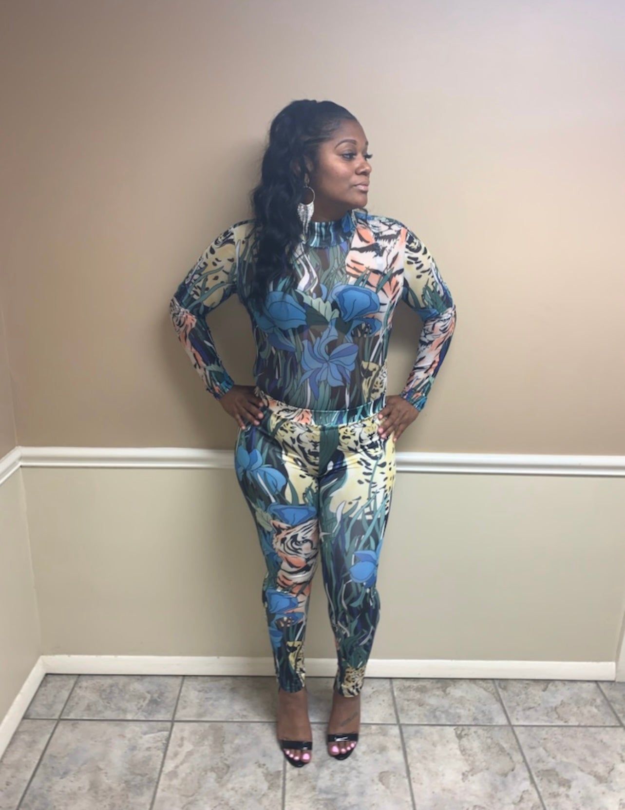 Animal Printed Mesh Pant Suit